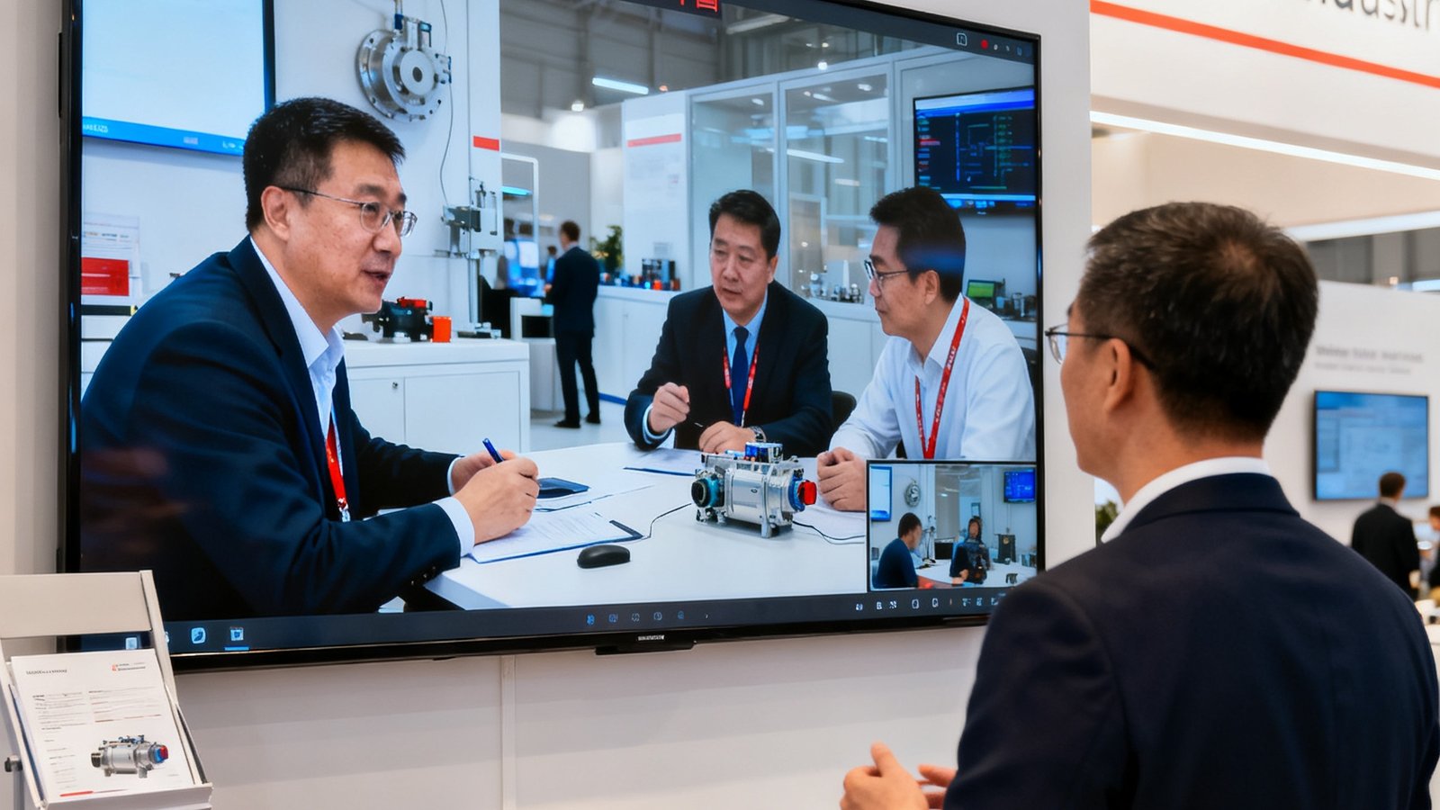 汉诺威工业博览会中方展位内，一块大屏幕显示着与国内团队的高清视讯连线画面，双方正在讨论产品技术参数