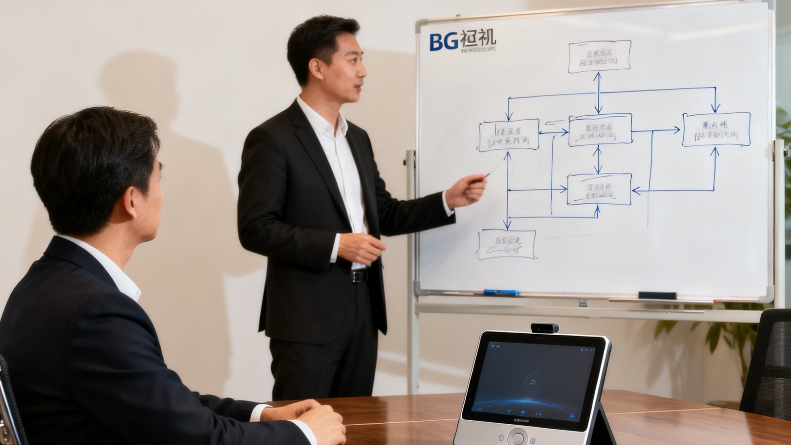 BG视讯平台技术顾问在会议室内向客户展示视讯方案，白板上画着系统拓扑图，桌上摆放着便携式视讯终端样机