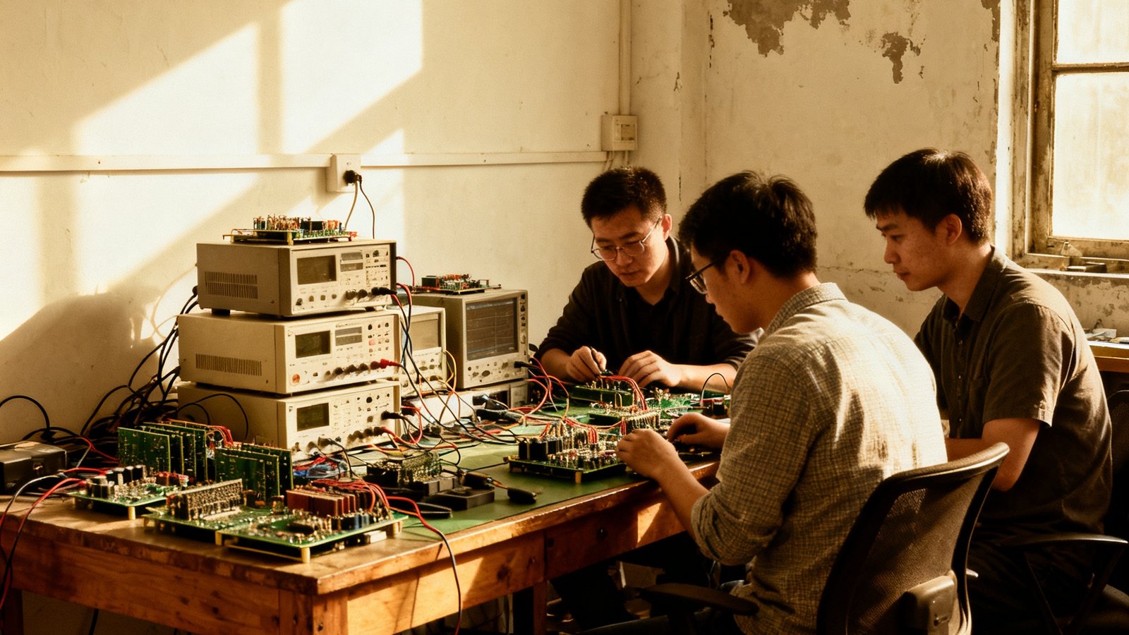 一张拍摄于2015年的老照片，展示BG视讯平台最初的小型工作室内景，桌上堆满电路板和测试仪器，三位创始人围坐在工作台前调试设备